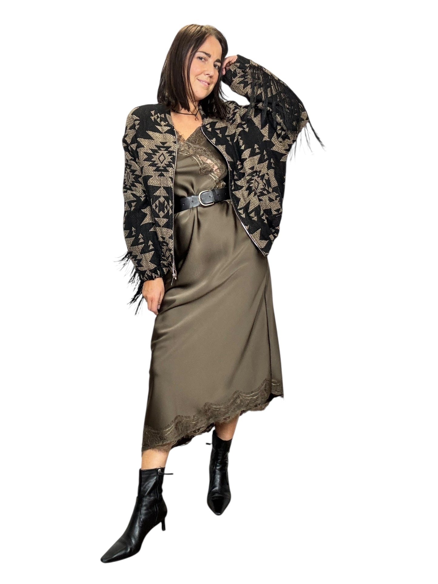 BOMBER JACQUARD CON FRANGE SUSY MIX