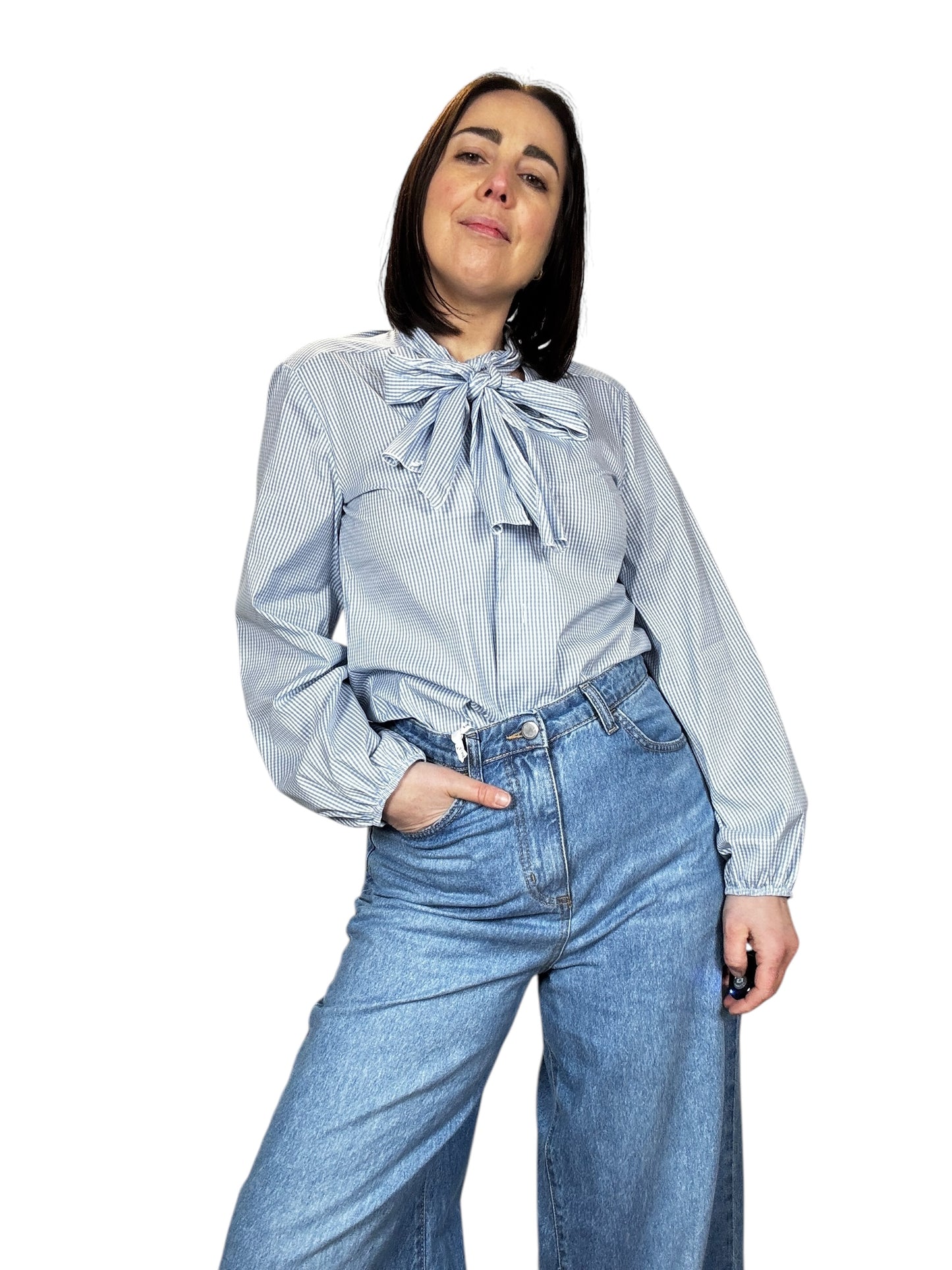CAMICIA GESSATA AZZURRA CON FIOCCO SUSY MIX