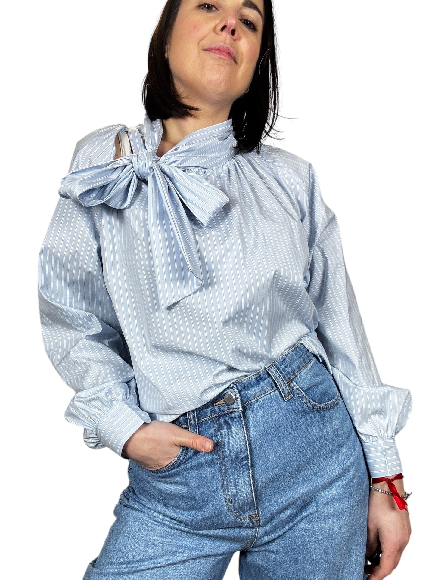 CAMICIA GESSATA AZZURRA CON FIOCCO SUSY MIX
