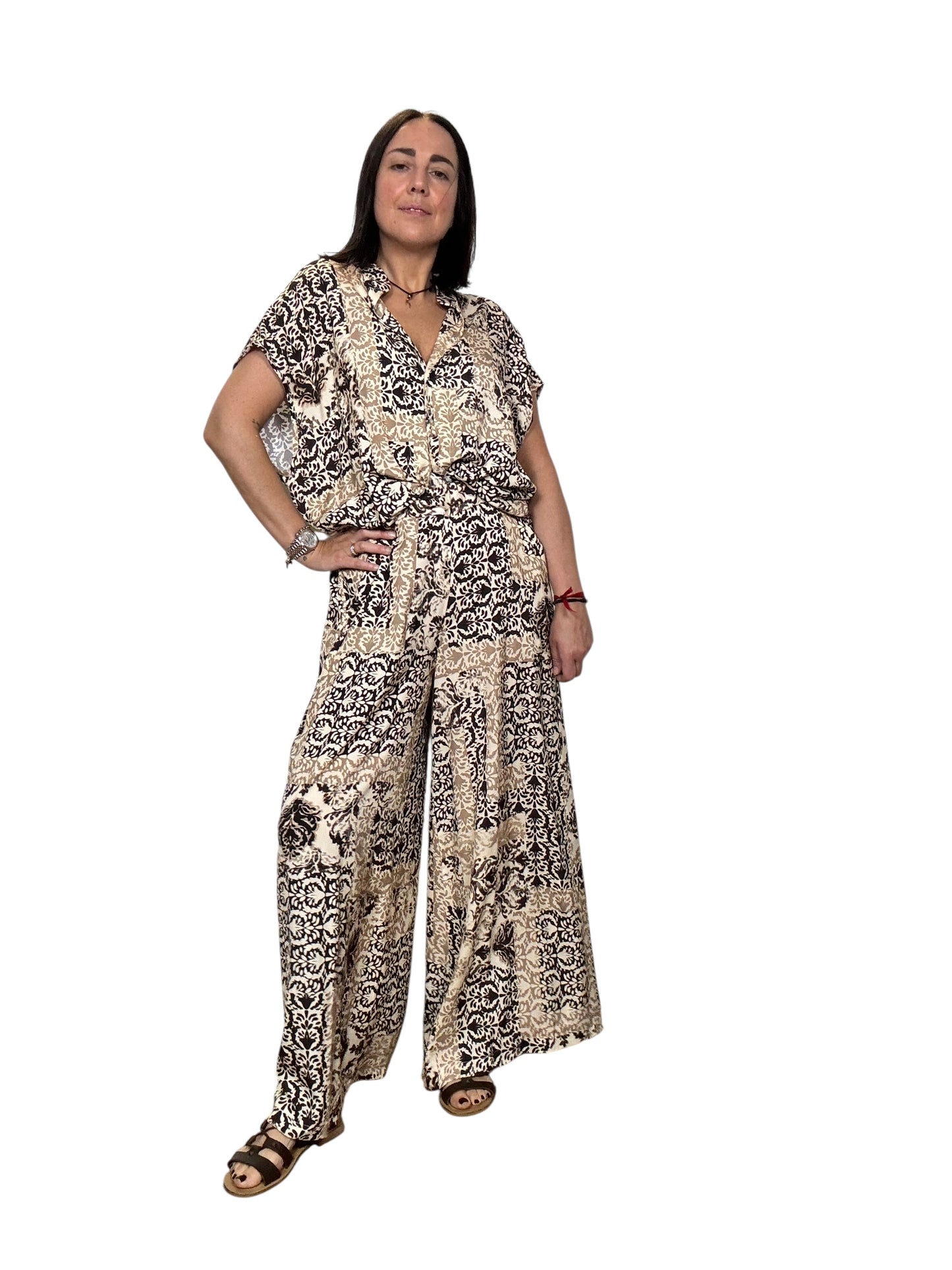 PANTALONE A PALAZZO BEIGE-MARRONE SUSY MIX