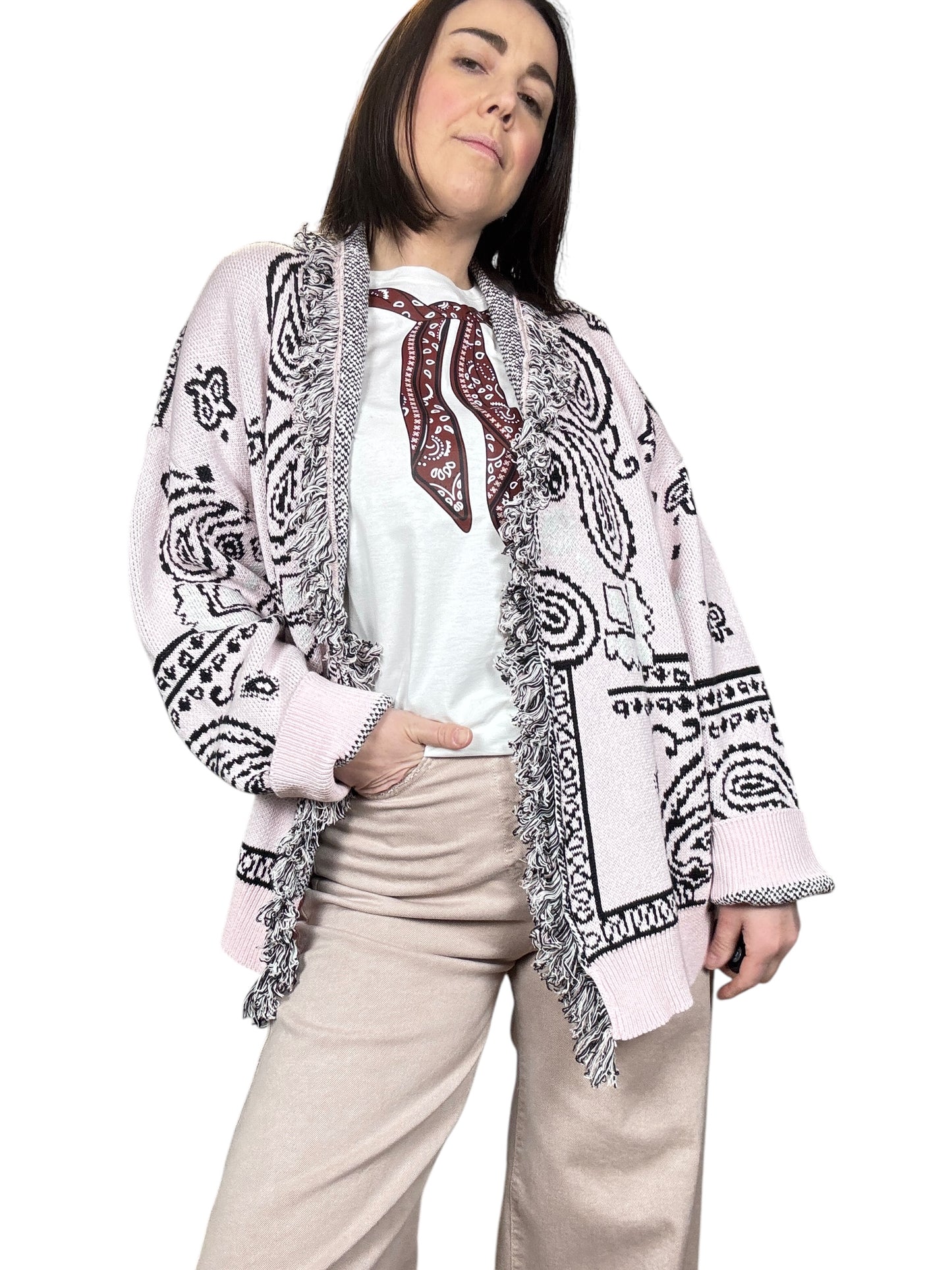 CARDIGAN CORTO STAMPA BANDANA TENSIONE IN