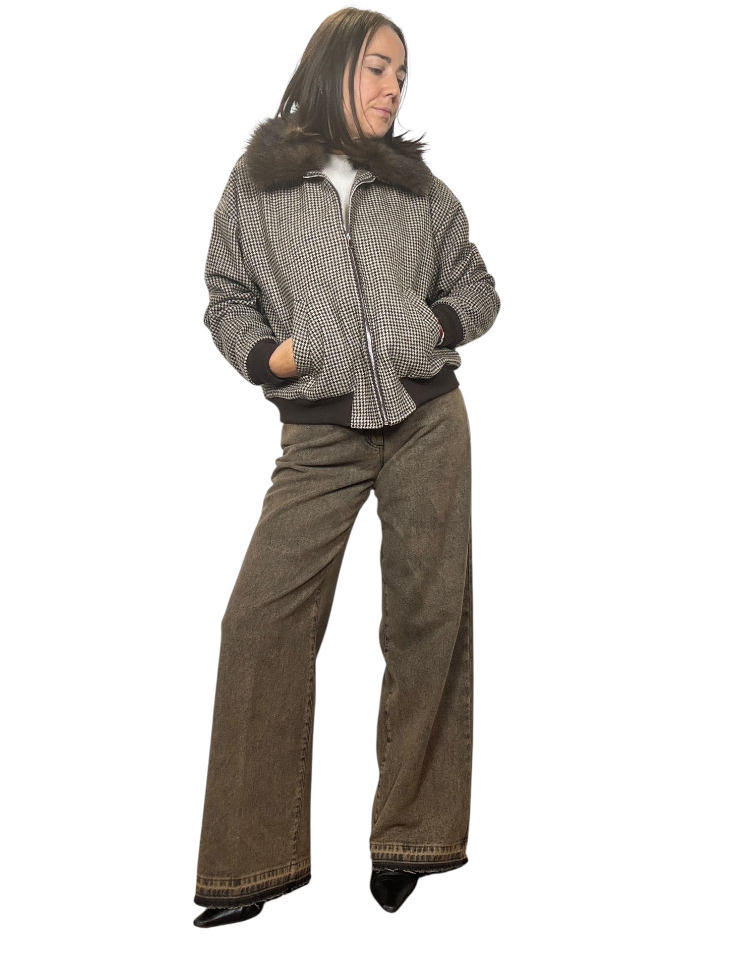 BOMBER A QUADRETTI CON COLLO IN ECOPELLICCIA SUSY MIX
