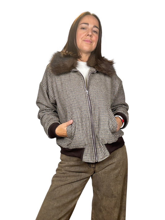 BOMBER A QUADRETTI CON COLLO IN ECOPELLICCIA SUSY MIX