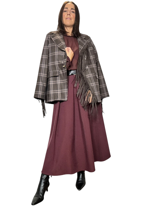 GIACCA CHECK MARRONE-BORDEAUX CON FRANGE SUSY MIX