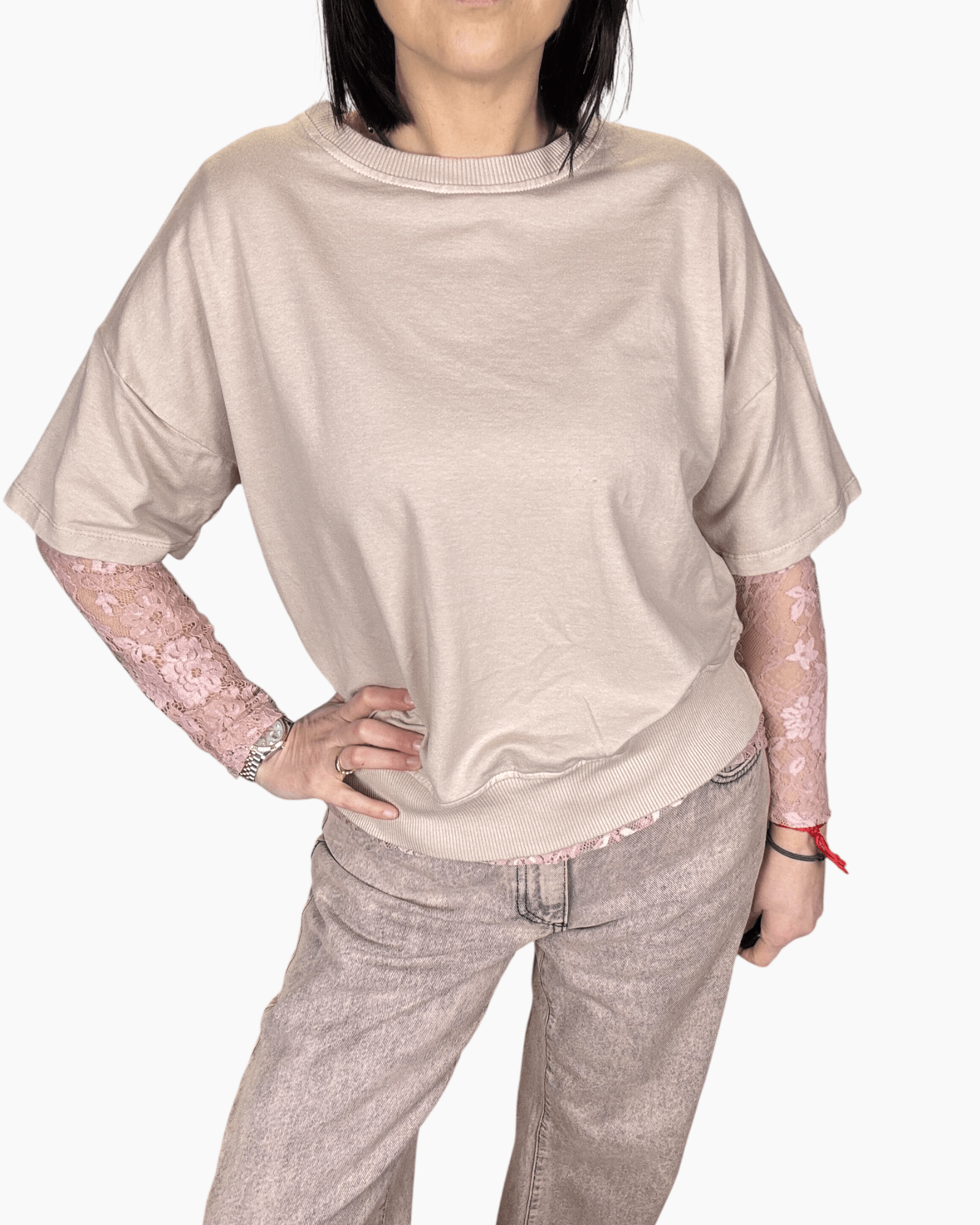 FELPA INSERTO IN PIZZO SUSY MIX - XE BLU ABBIGLIAMENTO