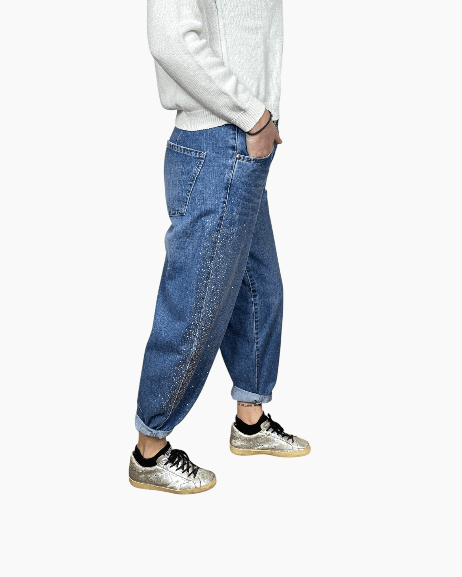 JEANS CARROT CON STRASS SUSY MIX - XE BLU ABBIGLIAMENTO