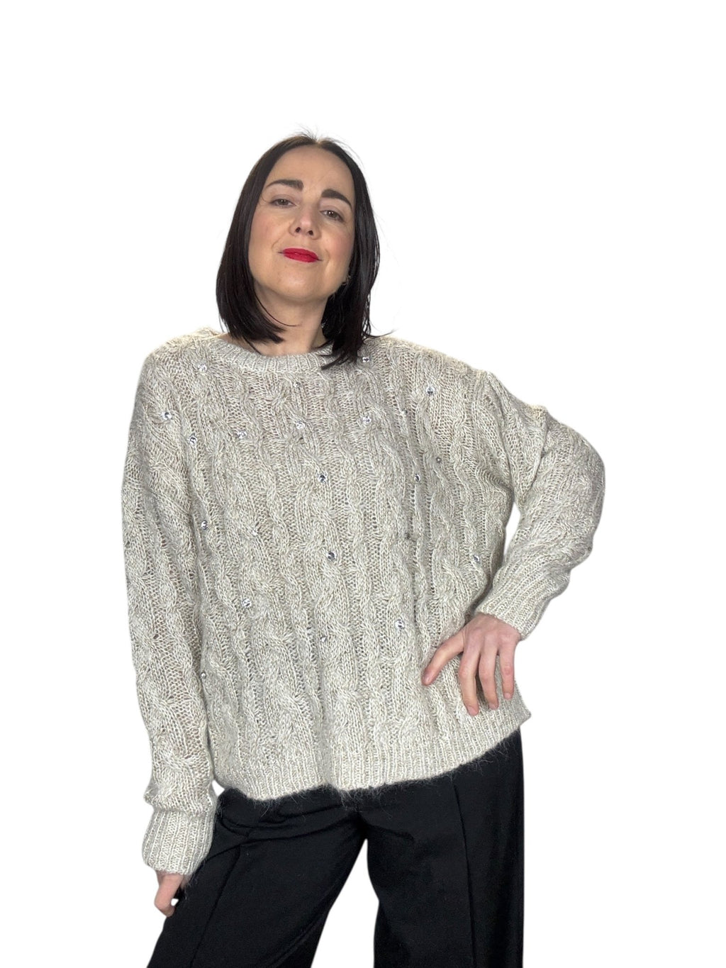 MAGLIA A TRECCE CON STRASS VICOLO - XE BLU ABBIGLIAMENTO