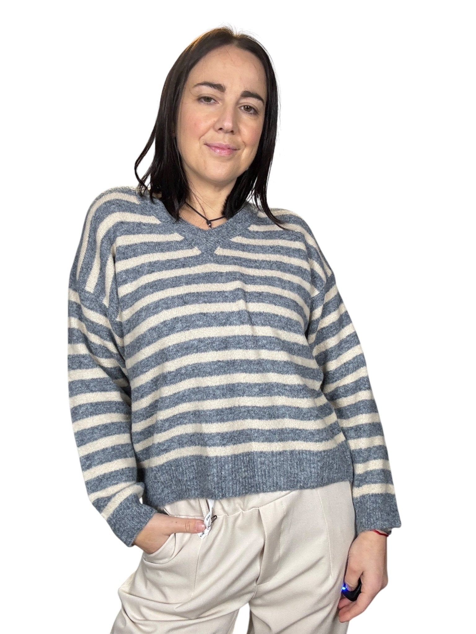 MAGLIA SCOLLO A V A RIGHE SUSY MIX - XE BLU ABBIGLIAMENTO