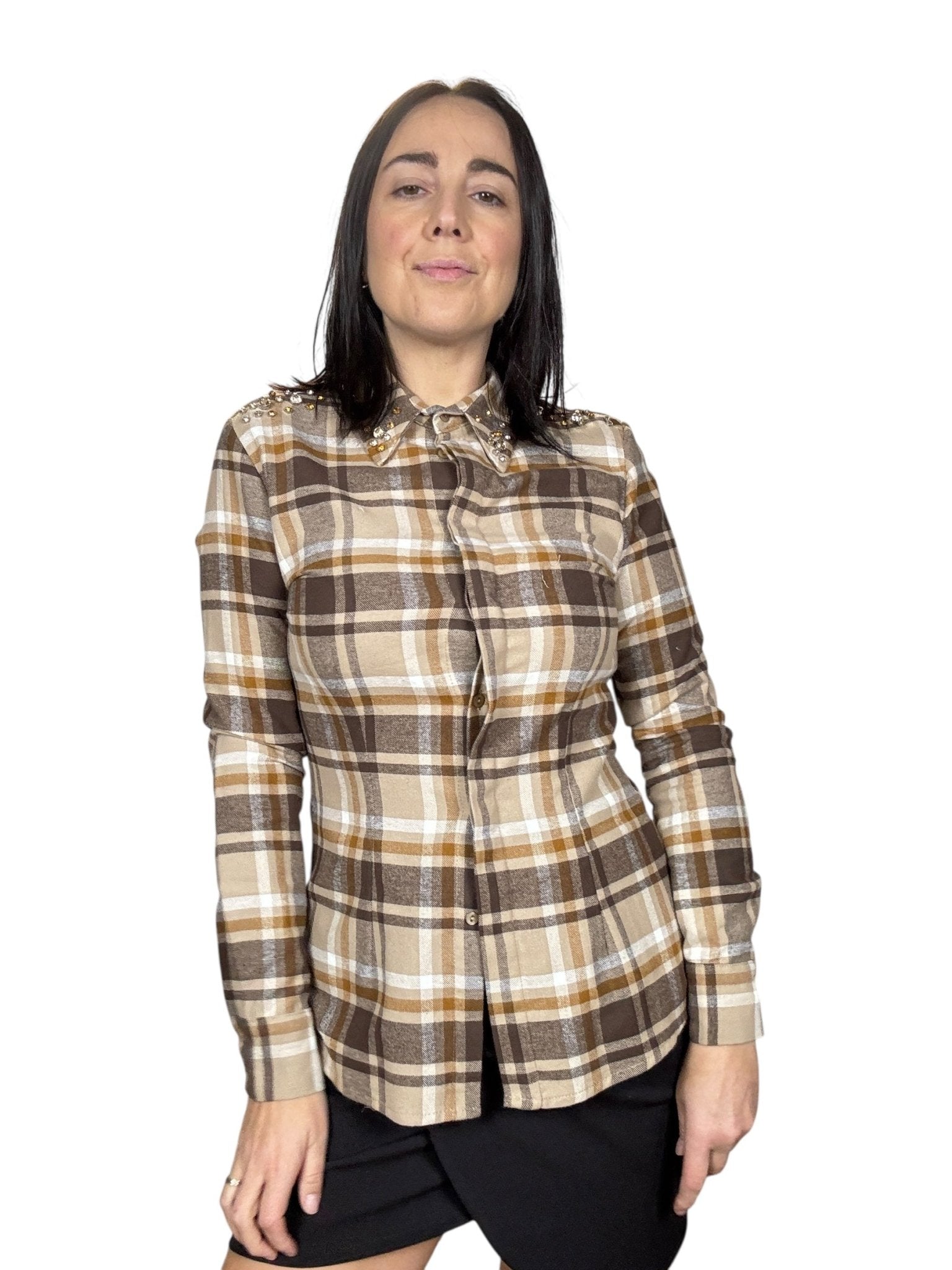 CAMICIA CHECK IN FLANELLA CON STRASS SUSY MIX - XE BLU ABBIGLIAMENTO