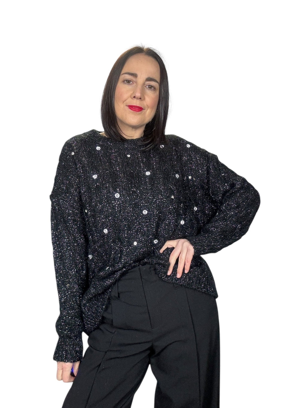 MAGLIA A TRECCE CON STRASS VICOLO - XE BLU ABBIGLIAMENTO