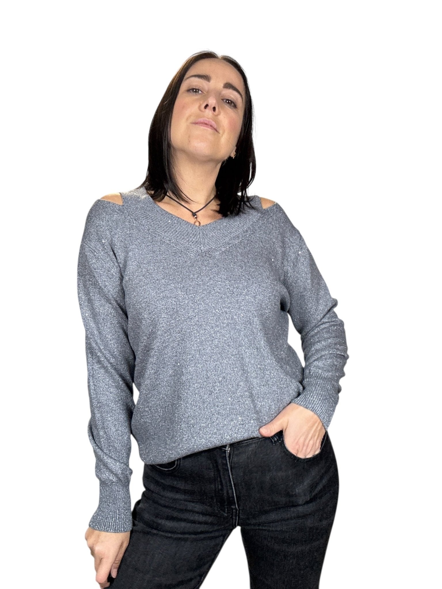 MAGLIA IN LUREX DOPPIO SCOLLO SUSY MIX - XE BLU ABBIGLIAMENTO