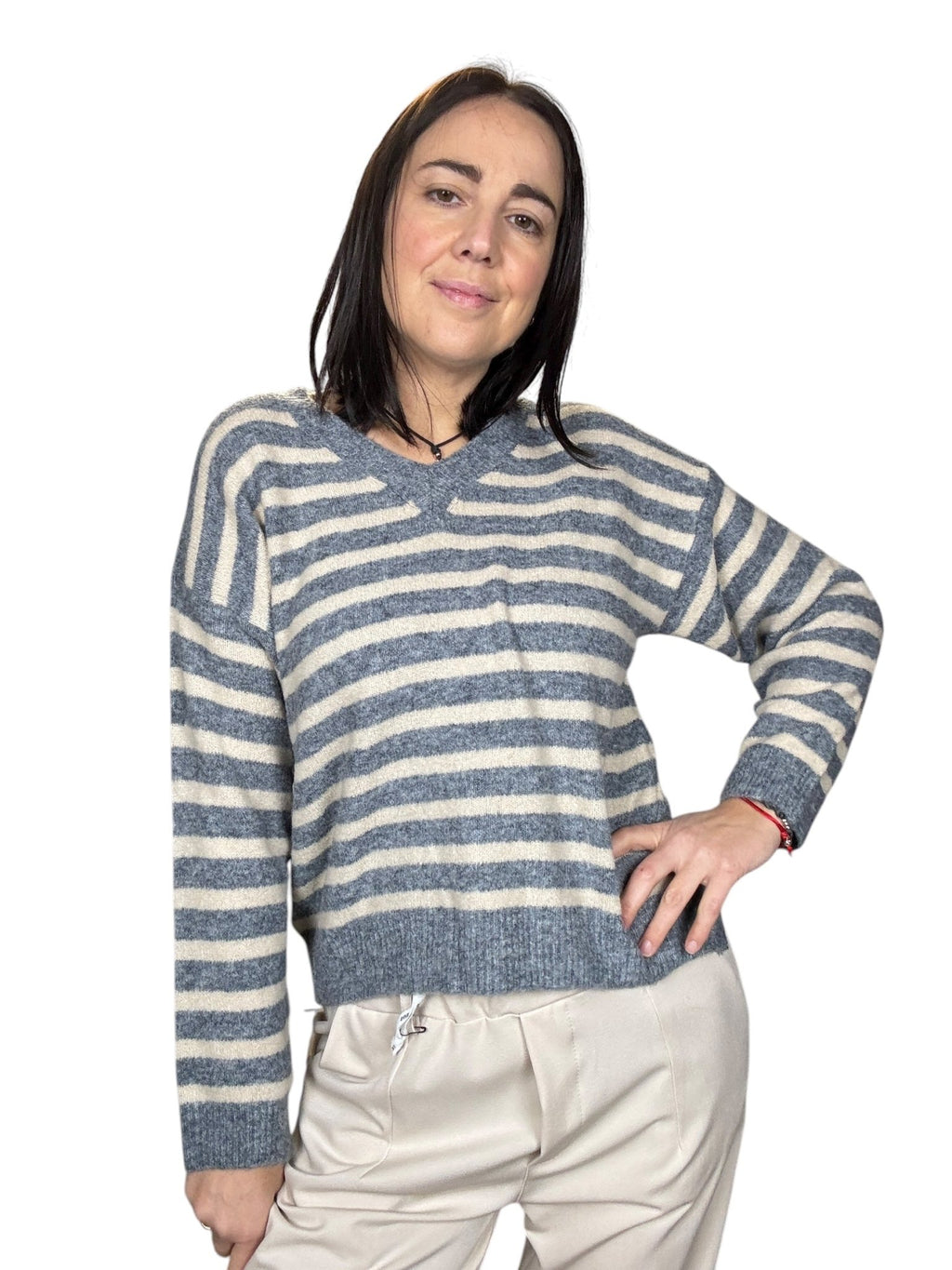 MAGLIA SCOLLO A V A RIGHE SUSY MIX - XE BLU ABBIGLIAMENTO