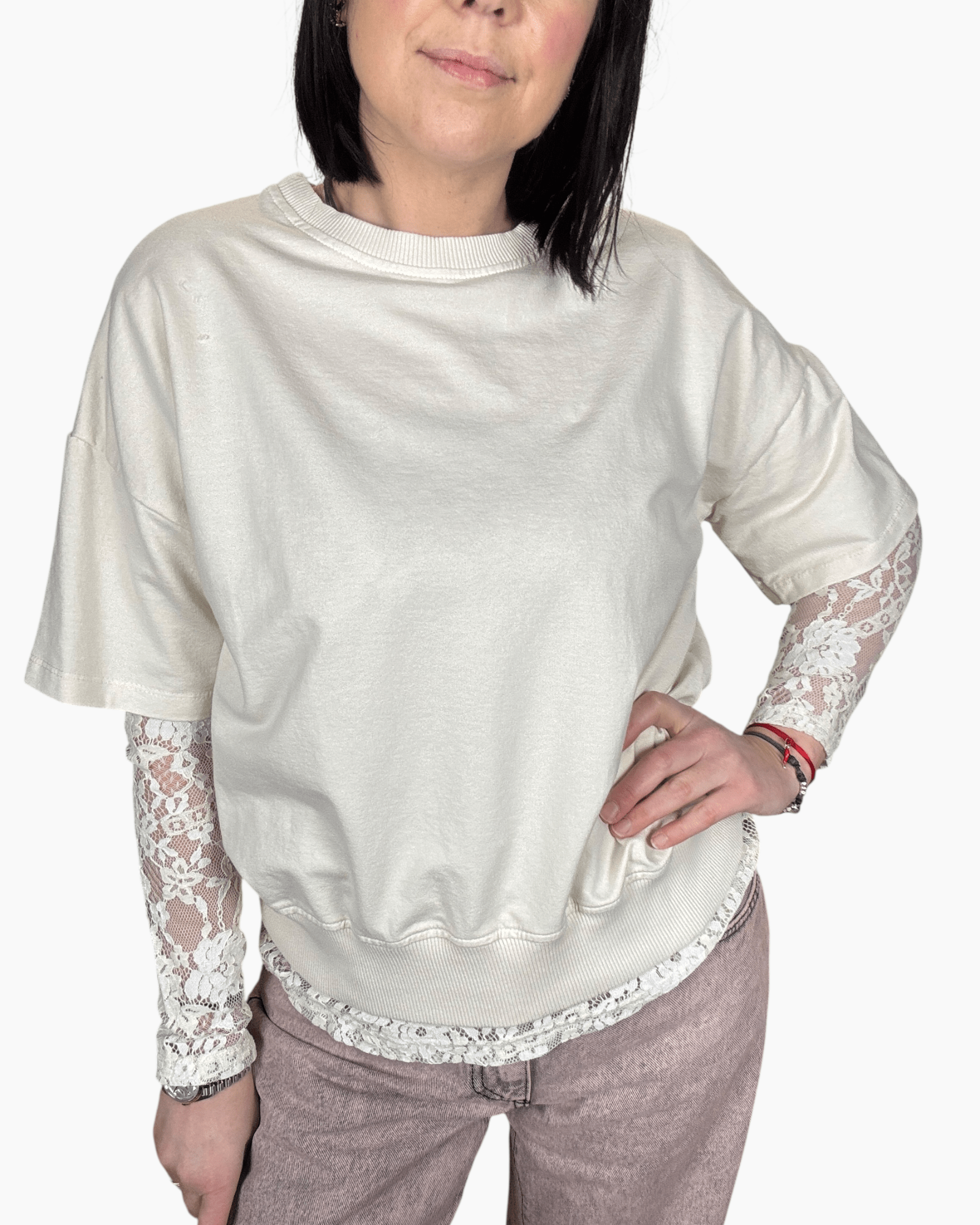 FELPA INSERTO IN PIZZO SUSY MIX - XE BLU ABBIGLIAMENTO