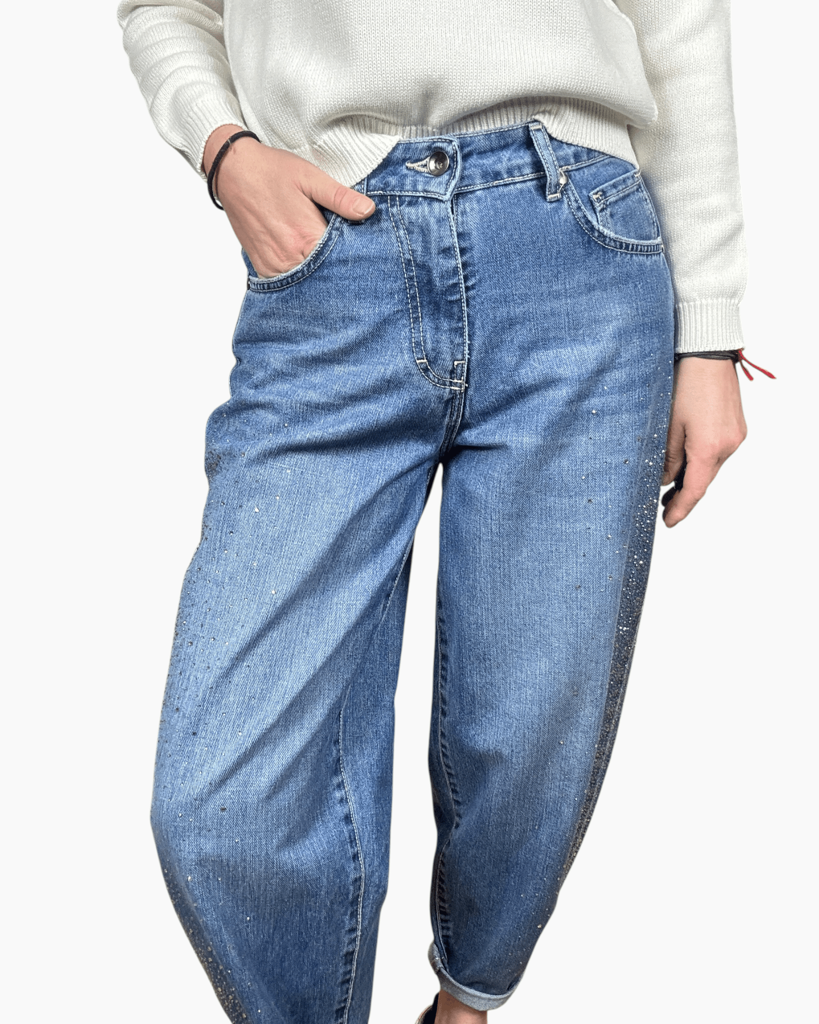 JEANS CARROT CON STRASS SUSY MIX - XE BLU ABBIGLIAMENTO