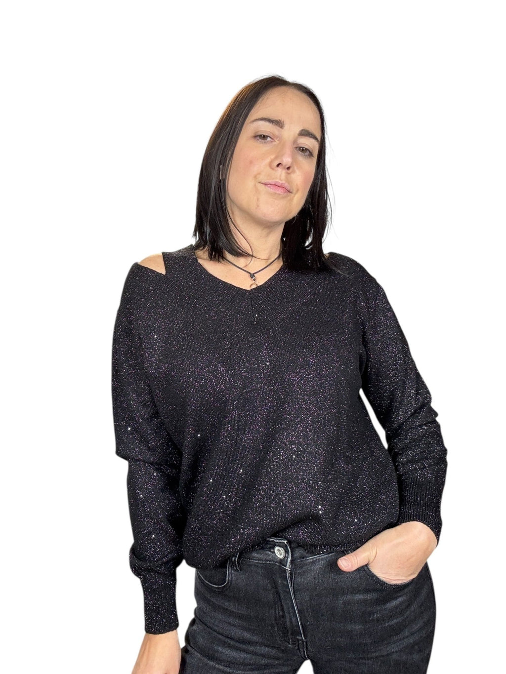 MAGLIA IN LUREX DOPPIO SCOLLO SUSY MIX - XE BLU ABBIGLIAMENTO