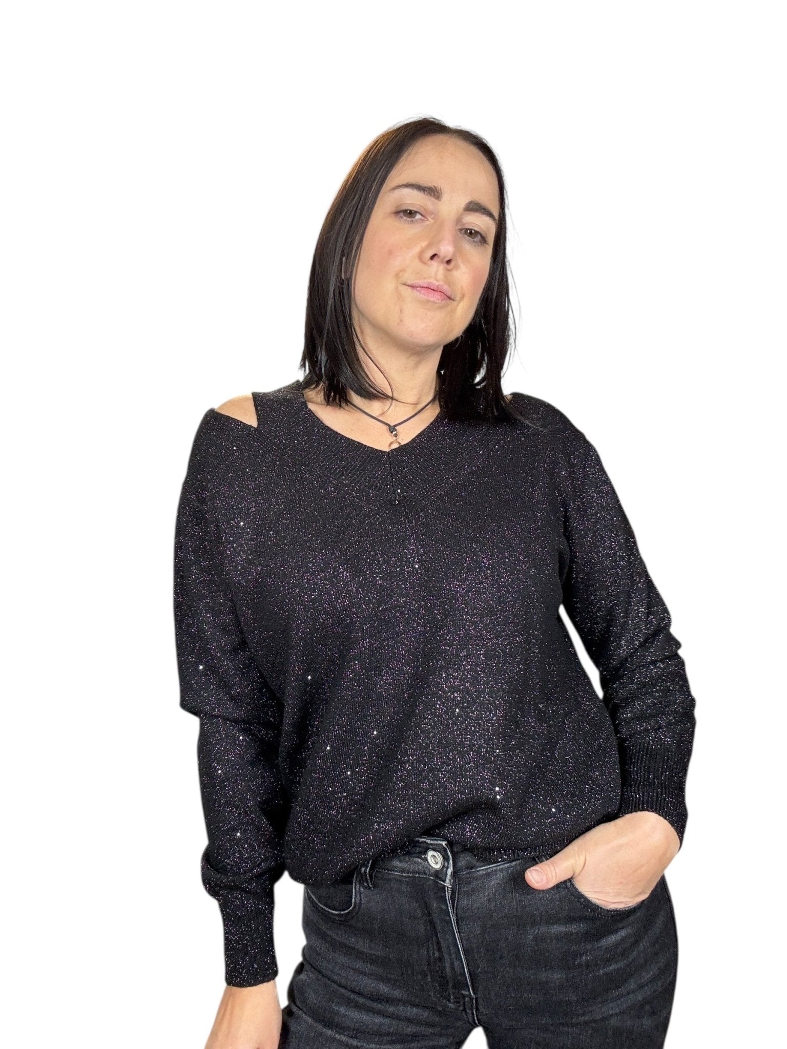 MAGLIA IN LUREX DOPPIO SCOLLO SUSY MIX - XE BLU ABBIGLIAMENTO