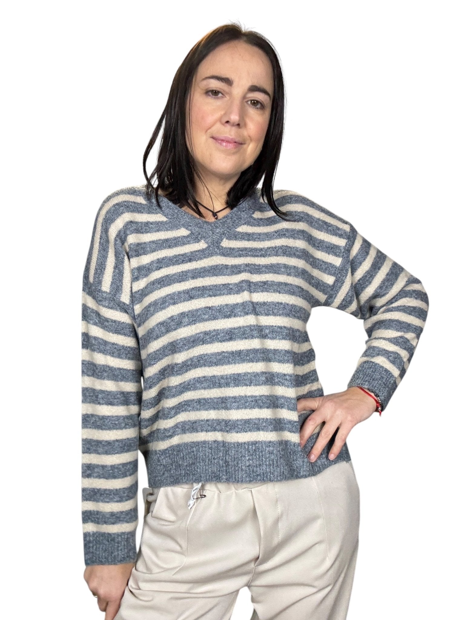 MAGLIA SCOLLO A V A RIGHE SUSY MIX - XE BLU ABBIGLIAMENTO