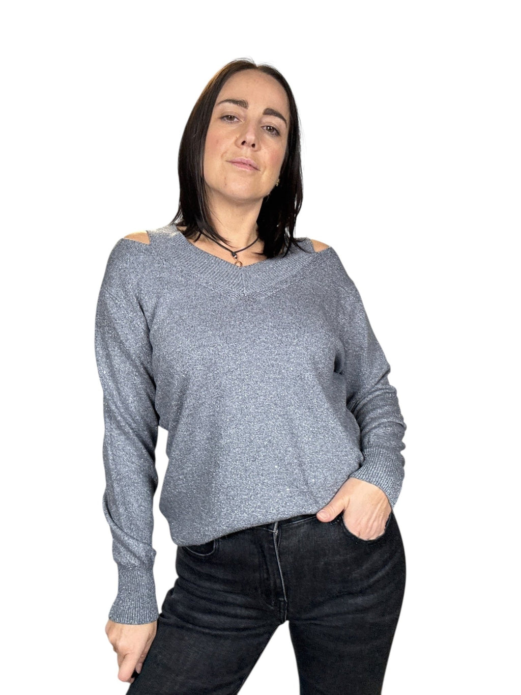 MAGLIA IN LUREX DOPPIO SCOLLO SUSY MIX - XE BLU ABBIGLIAMENTO