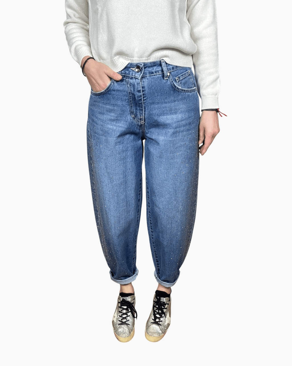 JEANS CARROT CON STRASS SUSY MIX - XE BLU ABBIGLIAMENTO