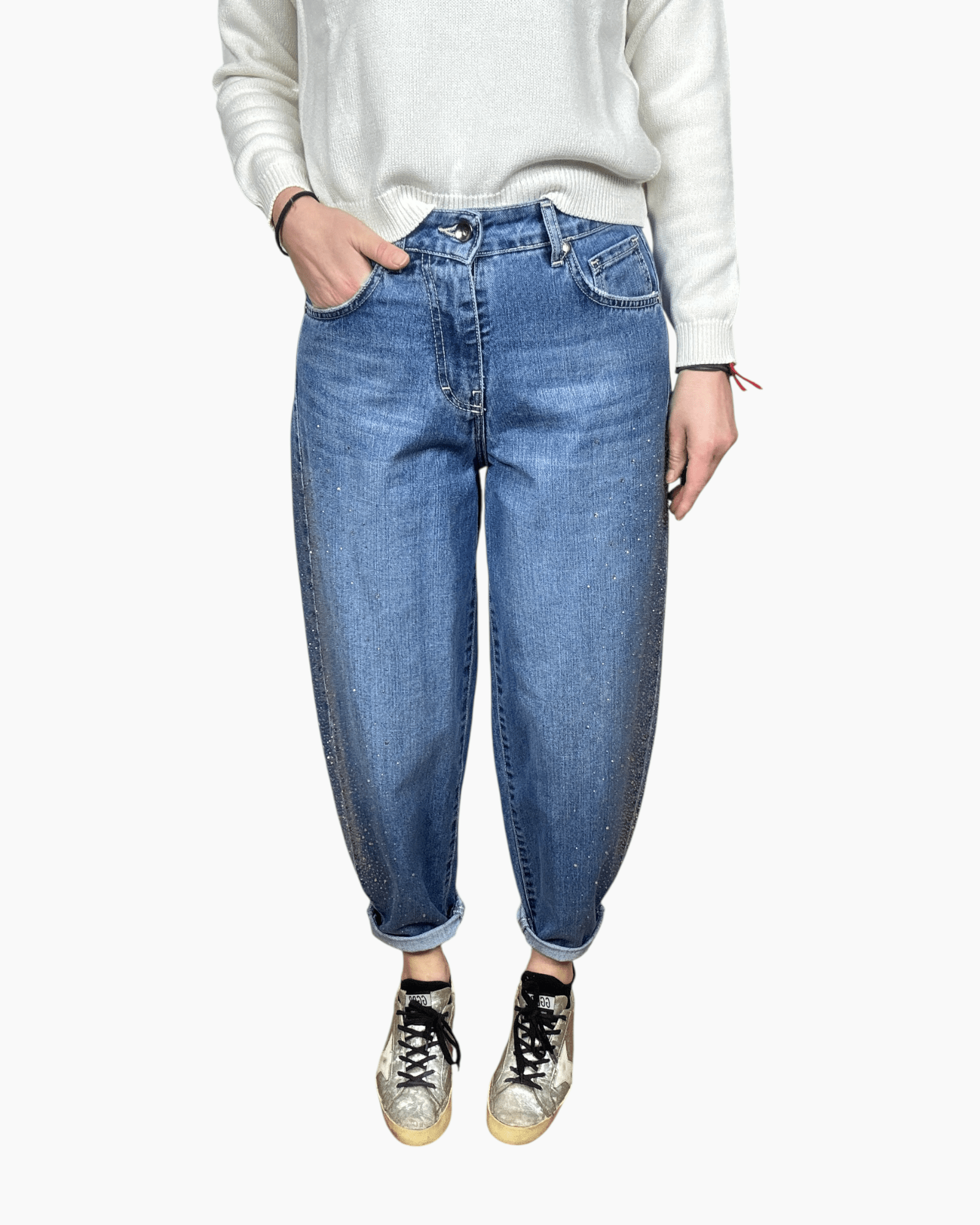 JEANS CARROT CON STRASS SUSY MIX - XE BLU ABBIGLIAMENTO