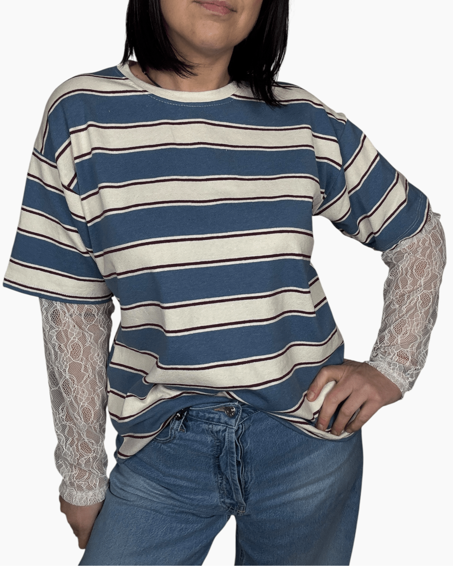 MAGLIETTA A RIGHE CON INSERTO IN PIZZO HAVEONE - XE BLU ABBIGLIAMENTO