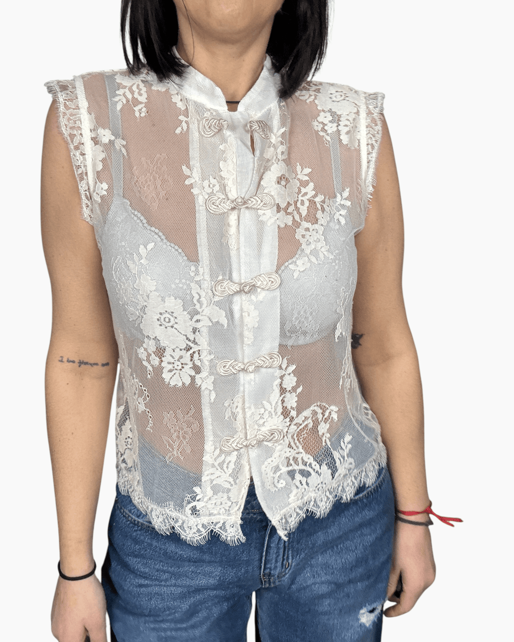 TOP IN PIZZO CON ALAMARI TENSIONE IN - XE BLU ABBIGLIAMENTO