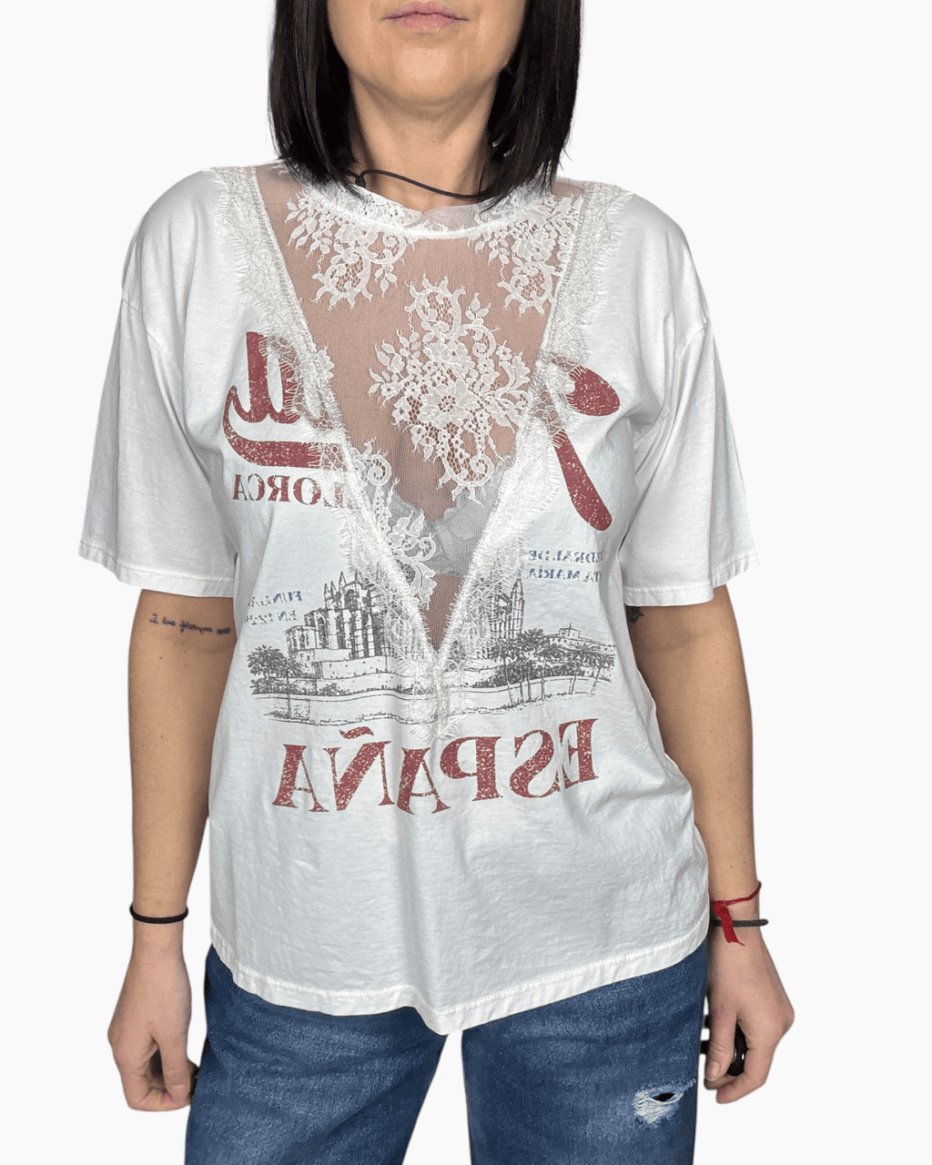 T - SHIRT STAMPA CON INSERTO IN PIZZO VICOLO - XE BLU ABBIGLIAMENTO