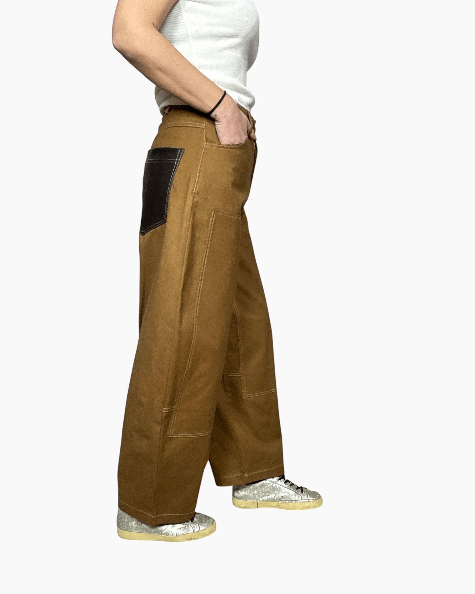 PANTALONE CON INSERTI IN ECOPELLE TENSIONE IN - XE BLU ABBIGLIAMENTO