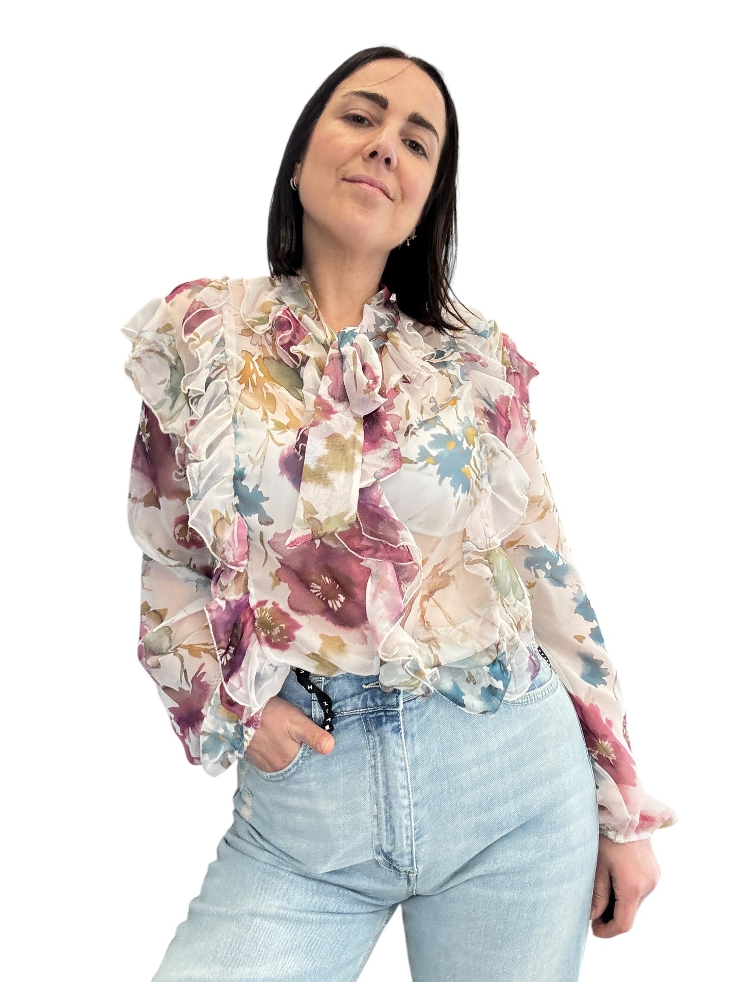 CAMICIA A FIORI CON FIOCCO E VOLANT SUSY MIX