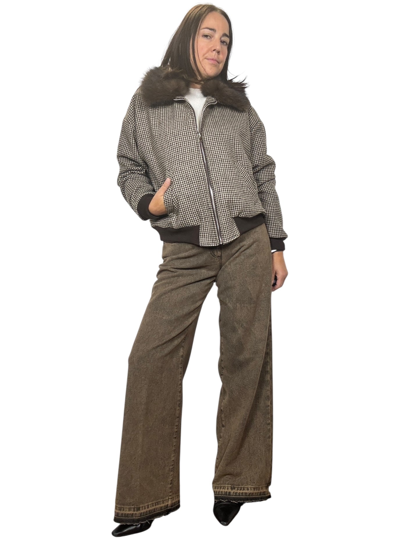 BOMBER A QUADRETTI CON COLLO IN ECOPELLICCIA SUSY MIX