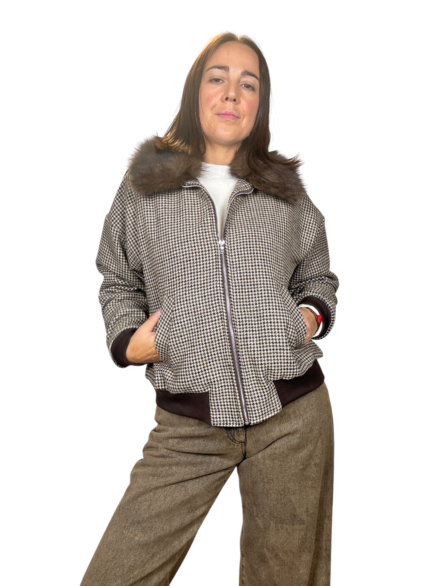 BOMBER A QUADRETTI CON COLLO IN ECOPELLICCIA SUSY MIX