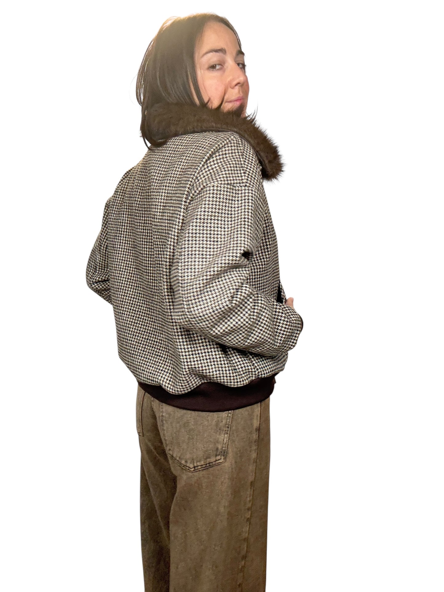 BOMBER A QUADRETTI CON COLLO IN ECOPELLICCIA SUSY MIX