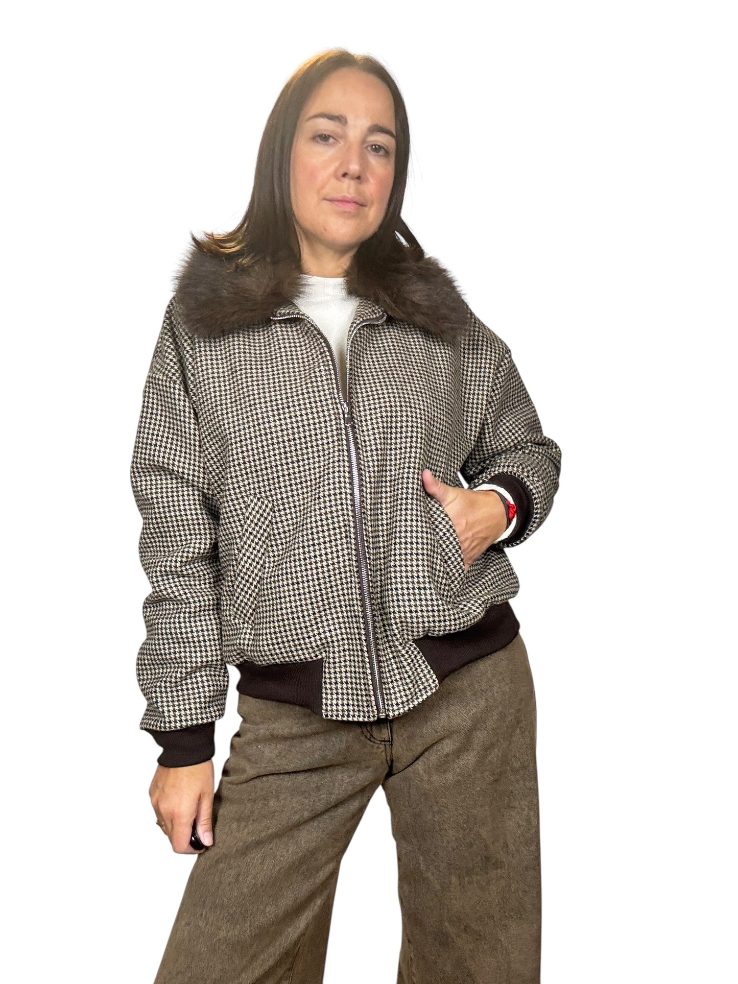 BOMBER A QUADRETTI CON COLLO IN ECOPELLICCIA SUSY MIX