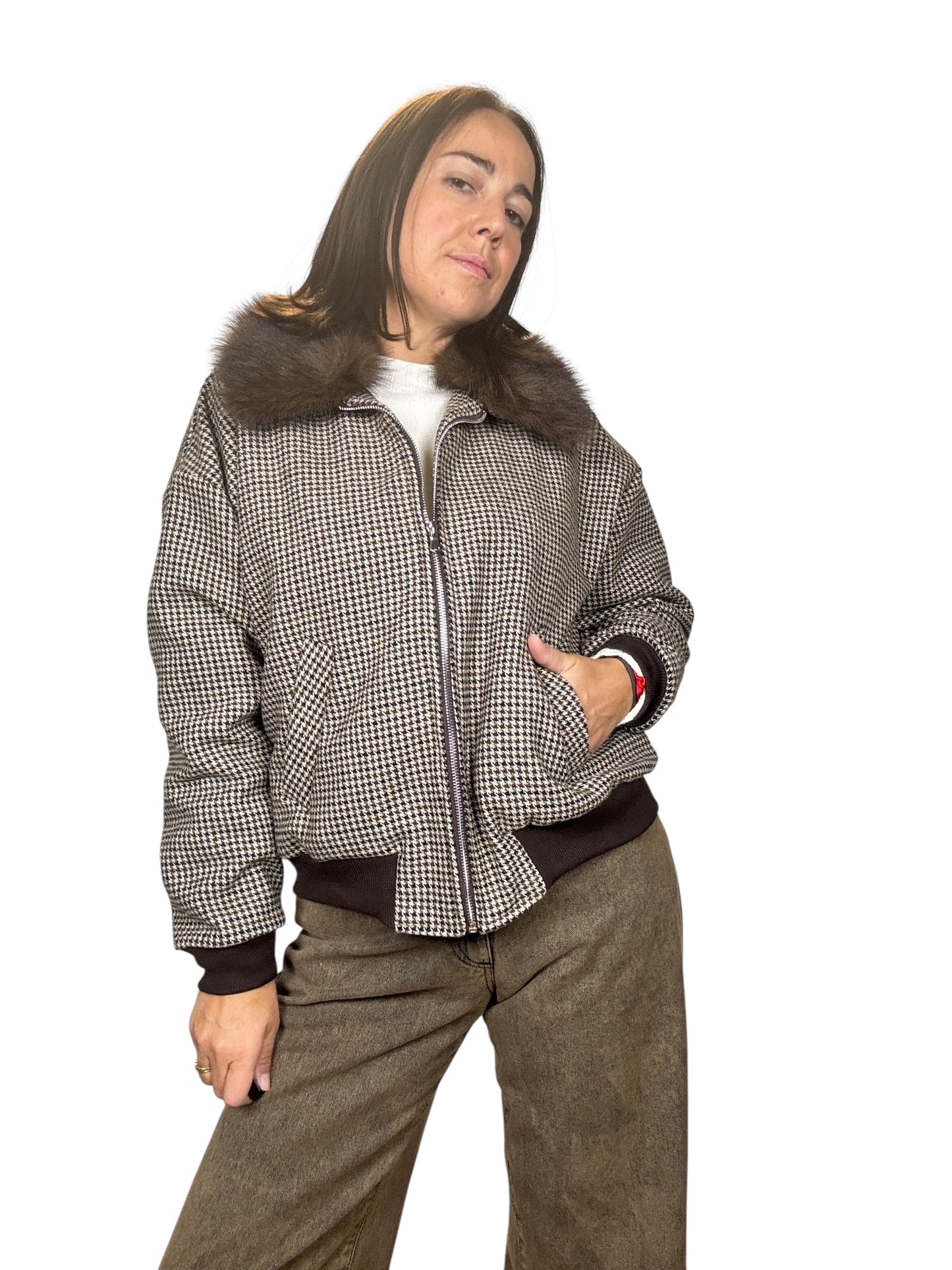BOMBER A QUADRETTI CON COLLO IN ECOPELLICCIA SUSY MIX