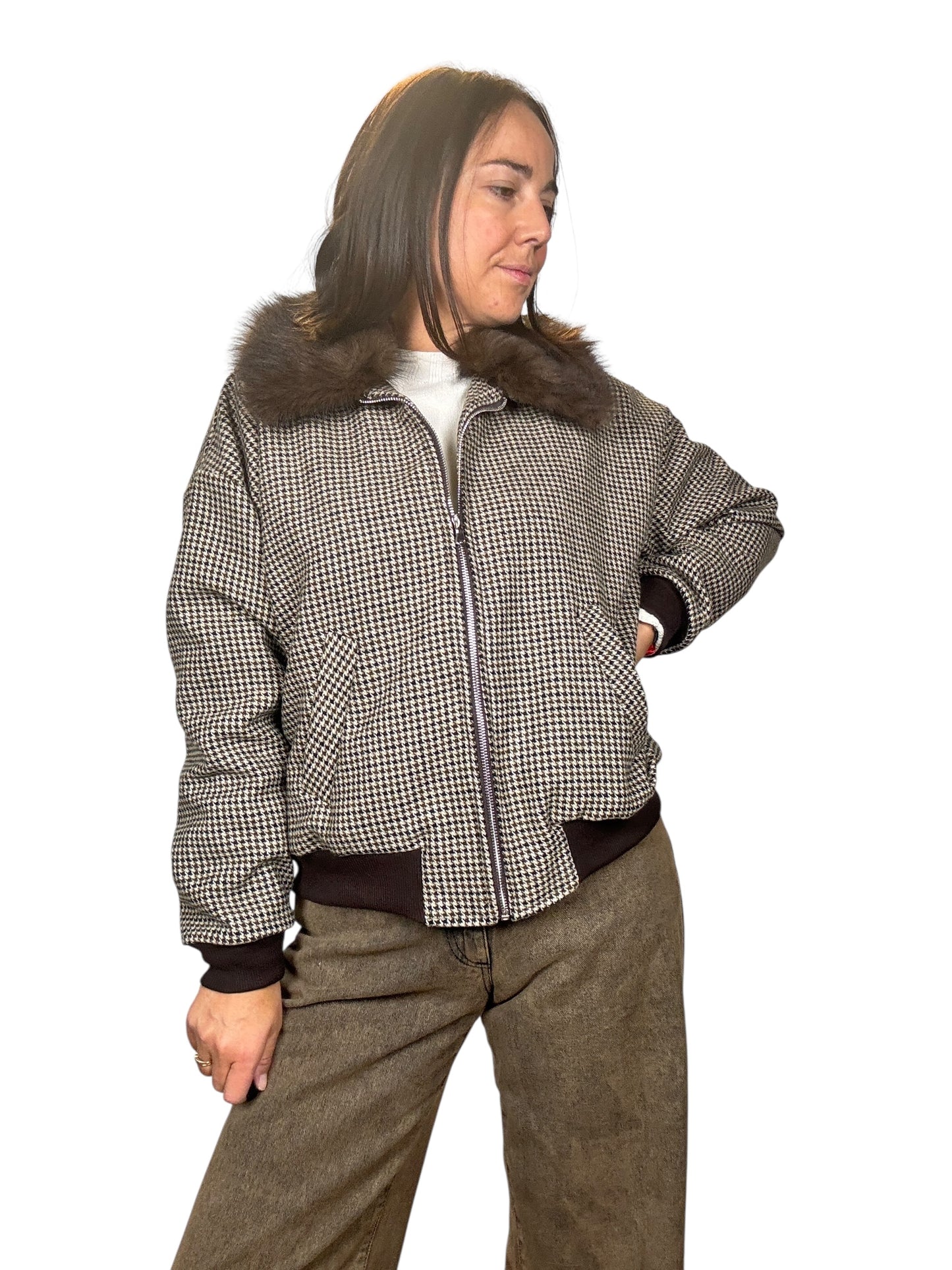 BOMBER A QUADRETTI CON COLLO IN ECOPELLICCIA SUSY MIX