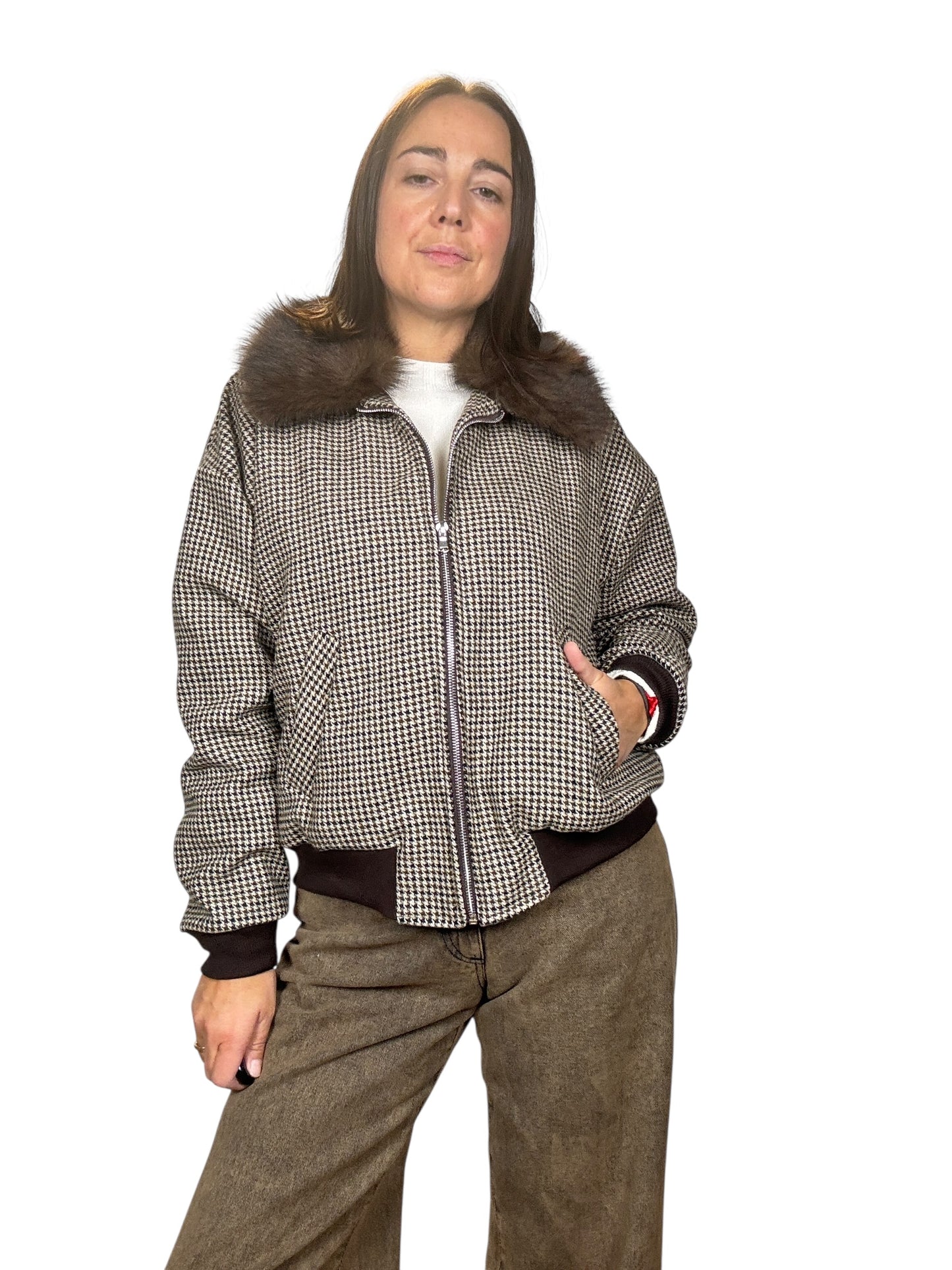 BOMBER A QUADRETTI CON COLLO IN ECOPELLICCIA SUSY MIX