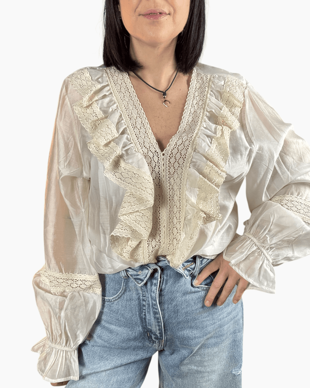 CAMICIA CON VOLANT ED INSERTO PASSAMANERIA SUSY MIX - XE BLU ABBIGLIAMENTO