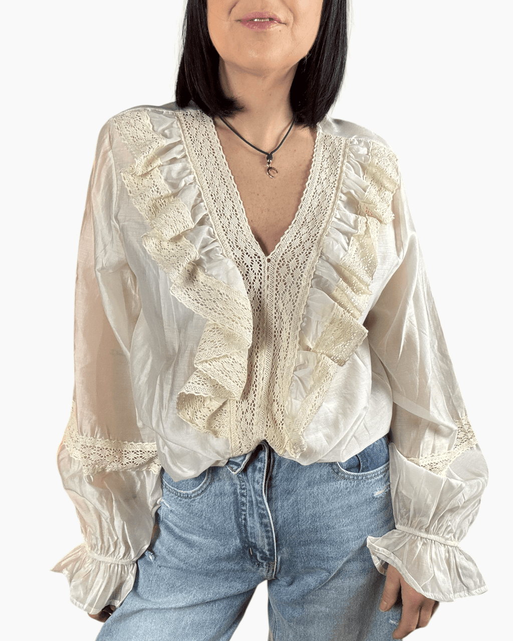 CAMICIA CON VOLANT ED INSERTO PASSAMANERIA SUSY MIX - XE BLU ABBIGLIAMENTO