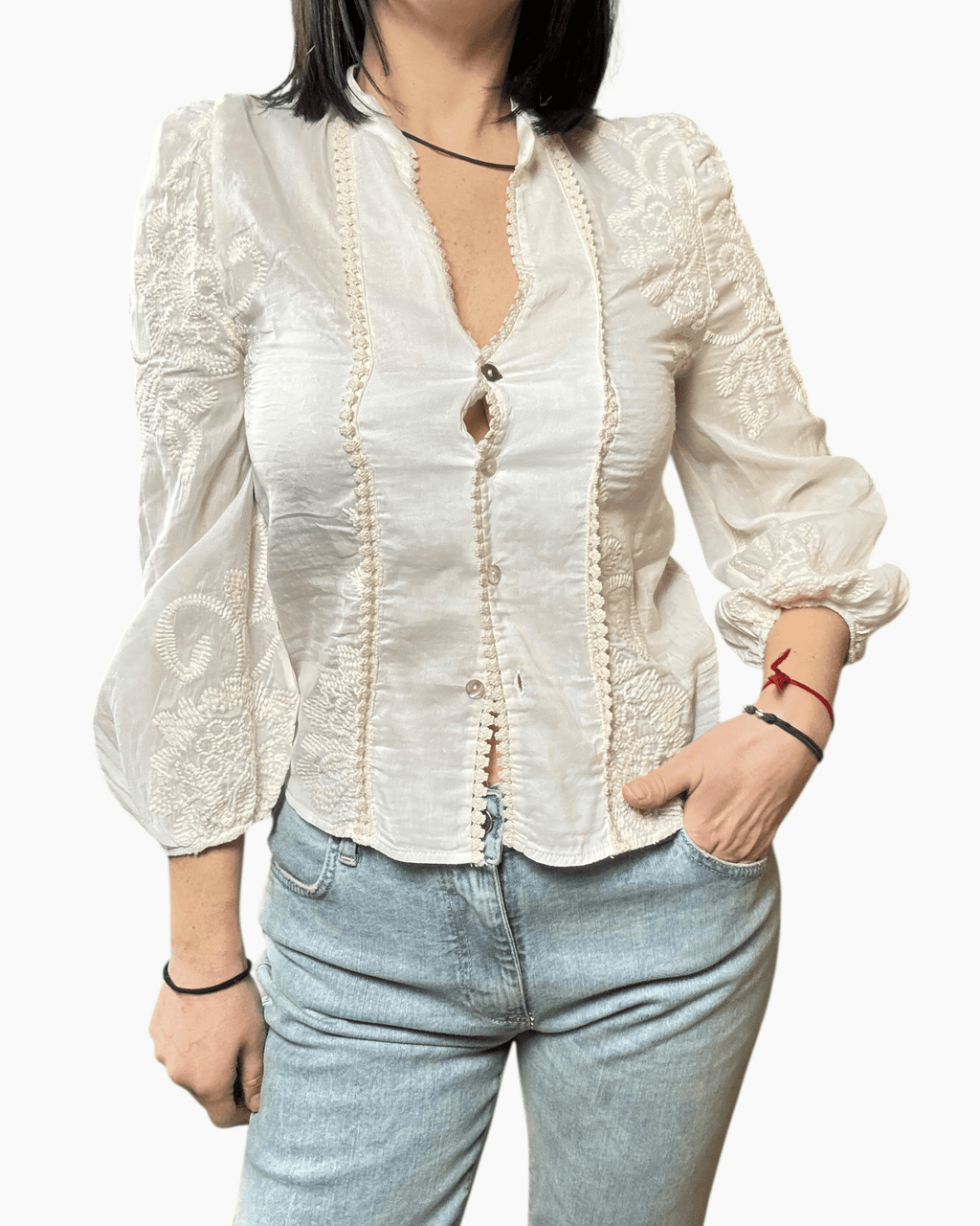 CAMICIA MISTO SETA CON RICAMI TENSIONE IN - XE BLU ABBIGLIAMENTO