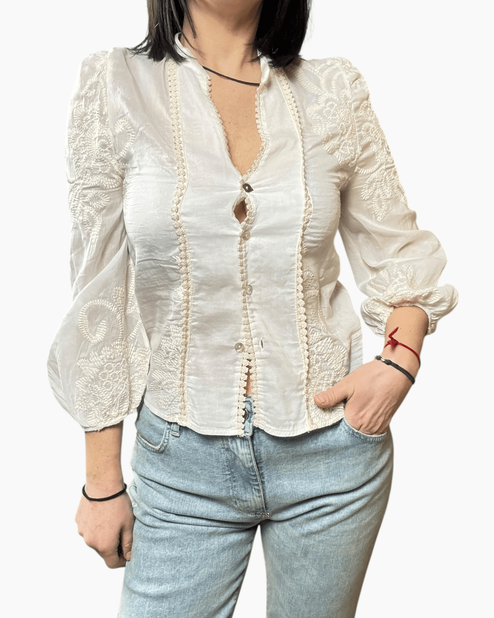 CAMICIA MISTO SETA CON RICAMI TENSIONE IN - XE BLU ABBIGLIAMENTO