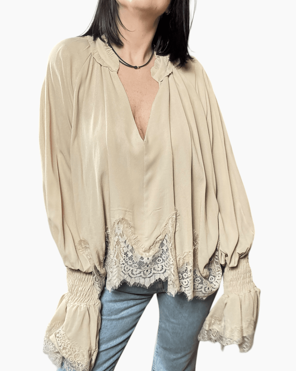 BLUSA CON MANICA IN PIZZO TENSIONE IN - XE BLU ABBIGLIAMENTO