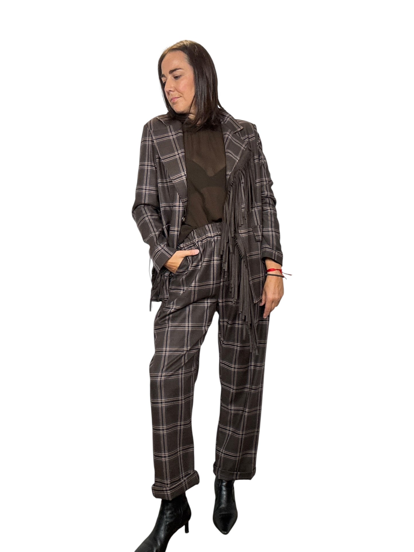 GIACCA CHECK MARRONE-BORDEAUX CON FRANGE SUSY MIX