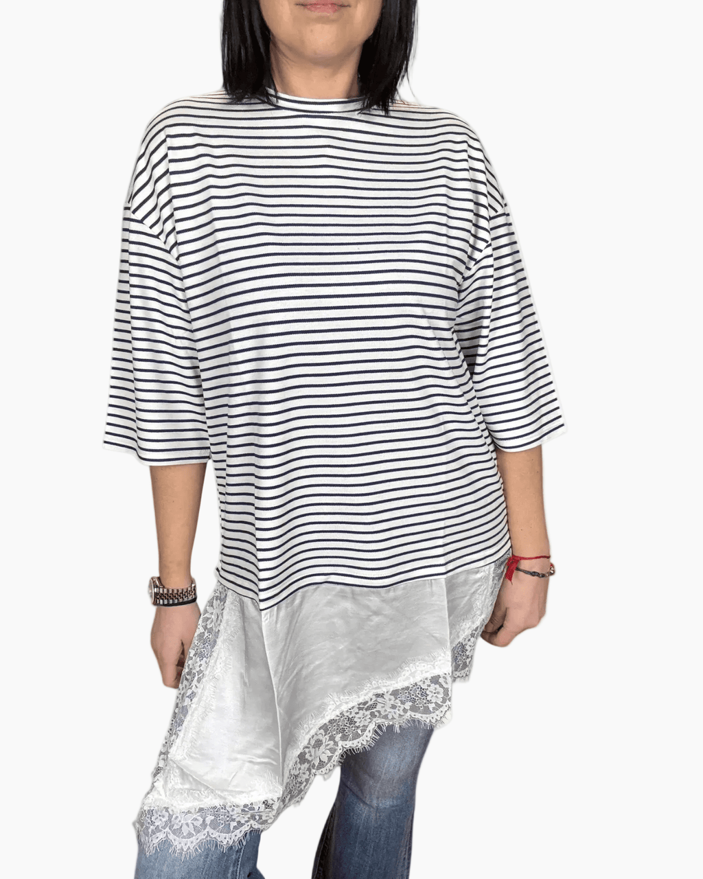 MAGLIETTA A RIGHE CON INSERTO IN RASO E PIZZO SUSY MIX - XE BLU ABBIGLIAMENTO