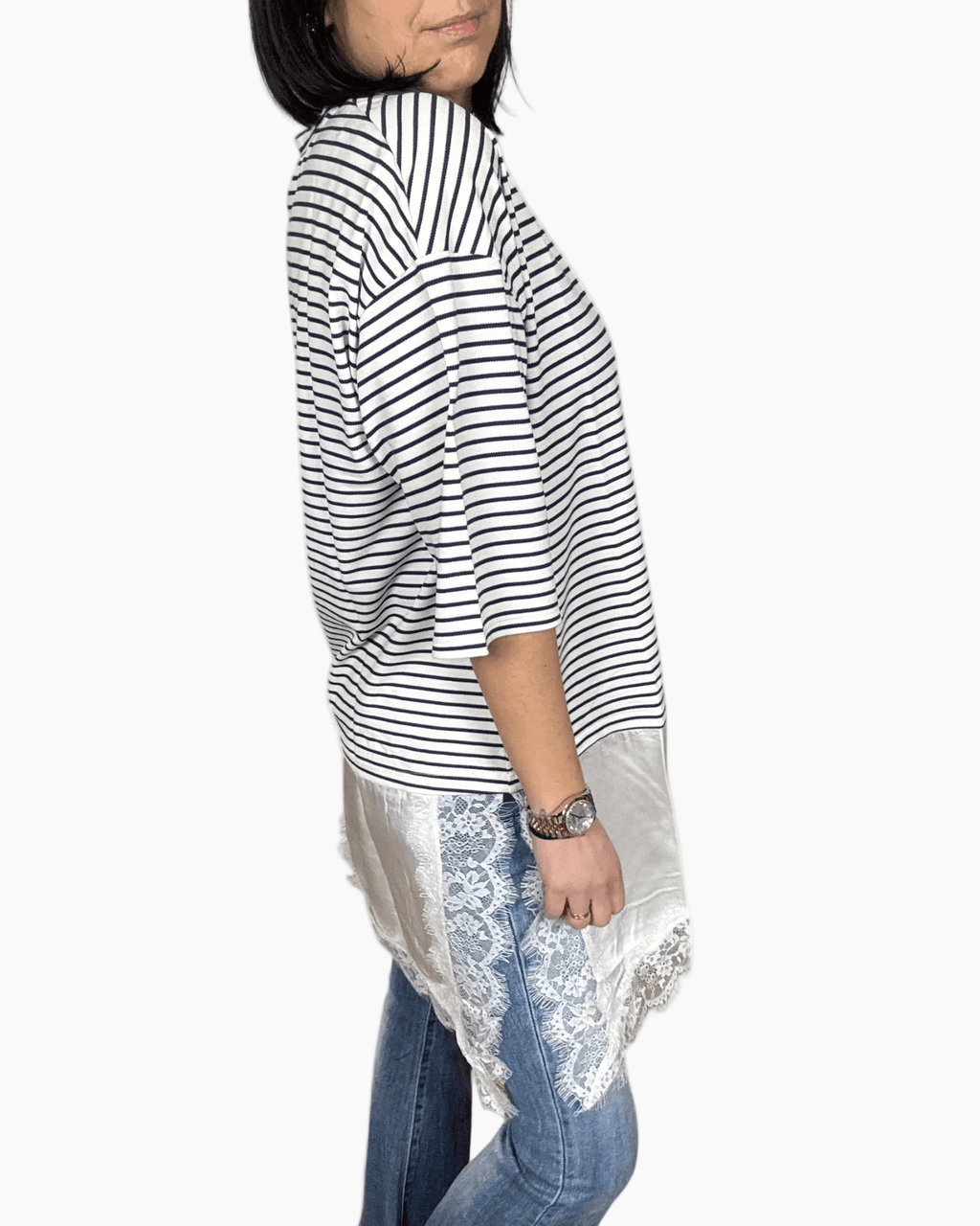 MAGLIETTA A RIGHE CON INSERTO IN RASO E PIZZO SUSY MIX - XE BLU ABBIGLIAMENTO