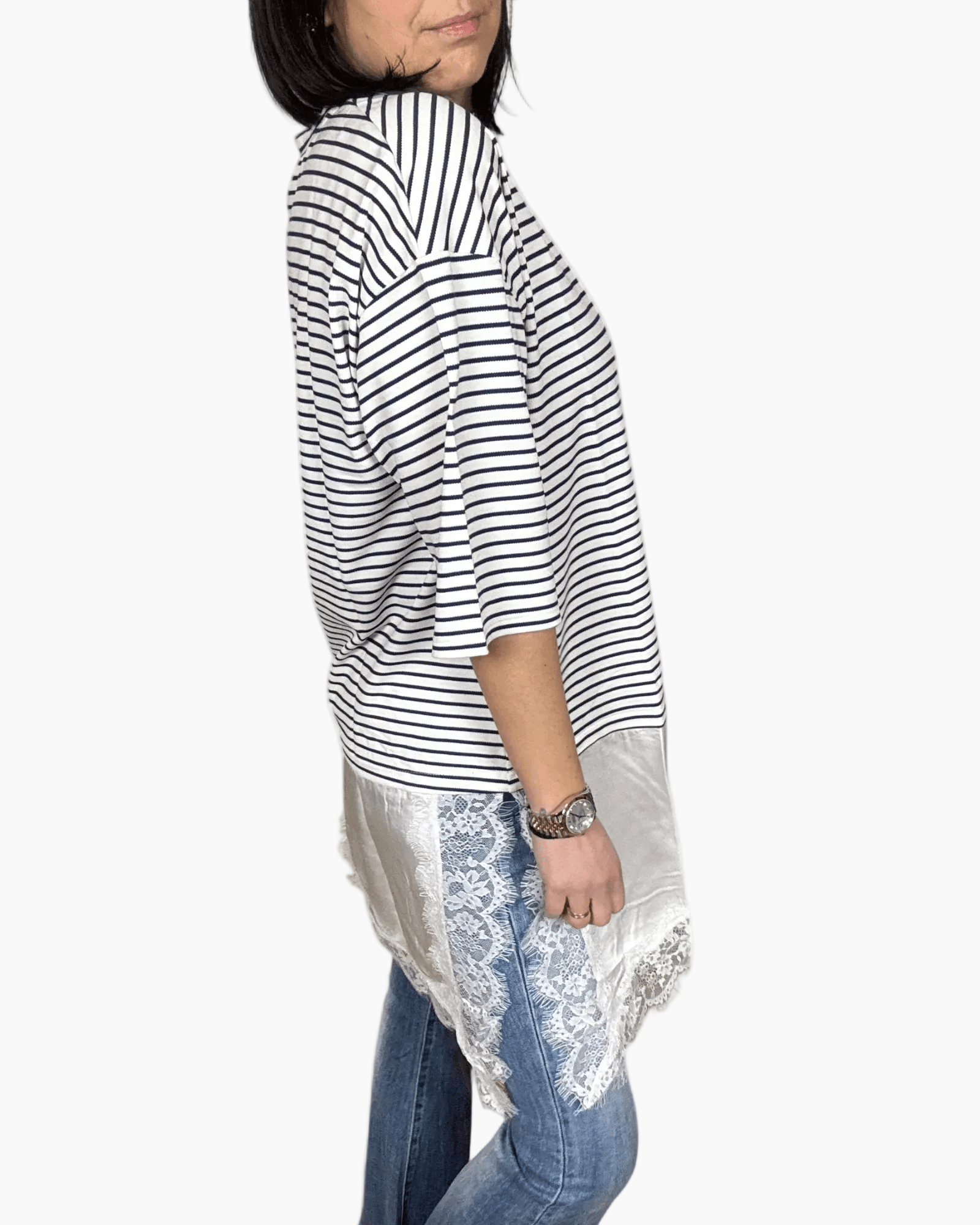 MAGLIETTA A RIGHE CON INSERTO IN RASO E PIZZO SUSY MIX - XE BLU ABBIGLIAMENTO