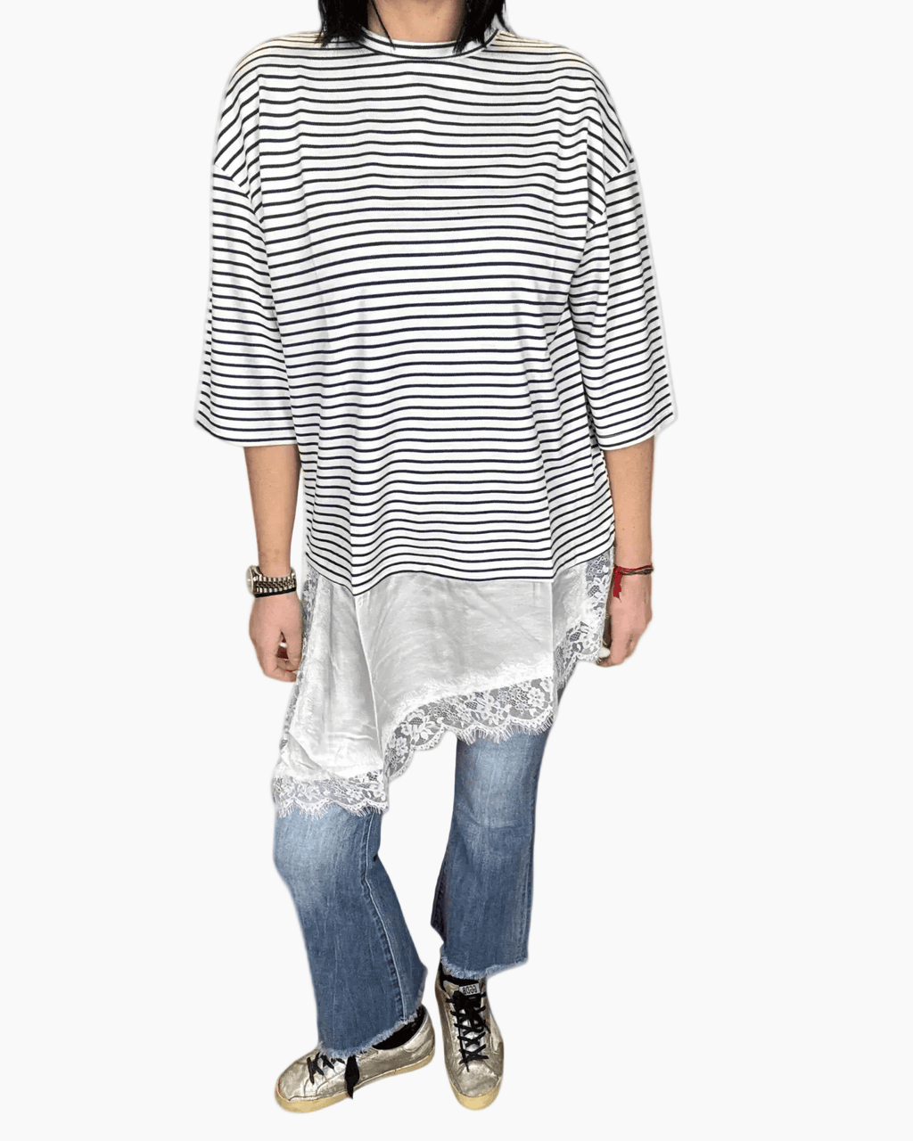 MAGLIETTA A RIGHE CON INSERTO IN RASO E PIZZO SUSY MIX - XE BLU ABBIGLIAMENTO