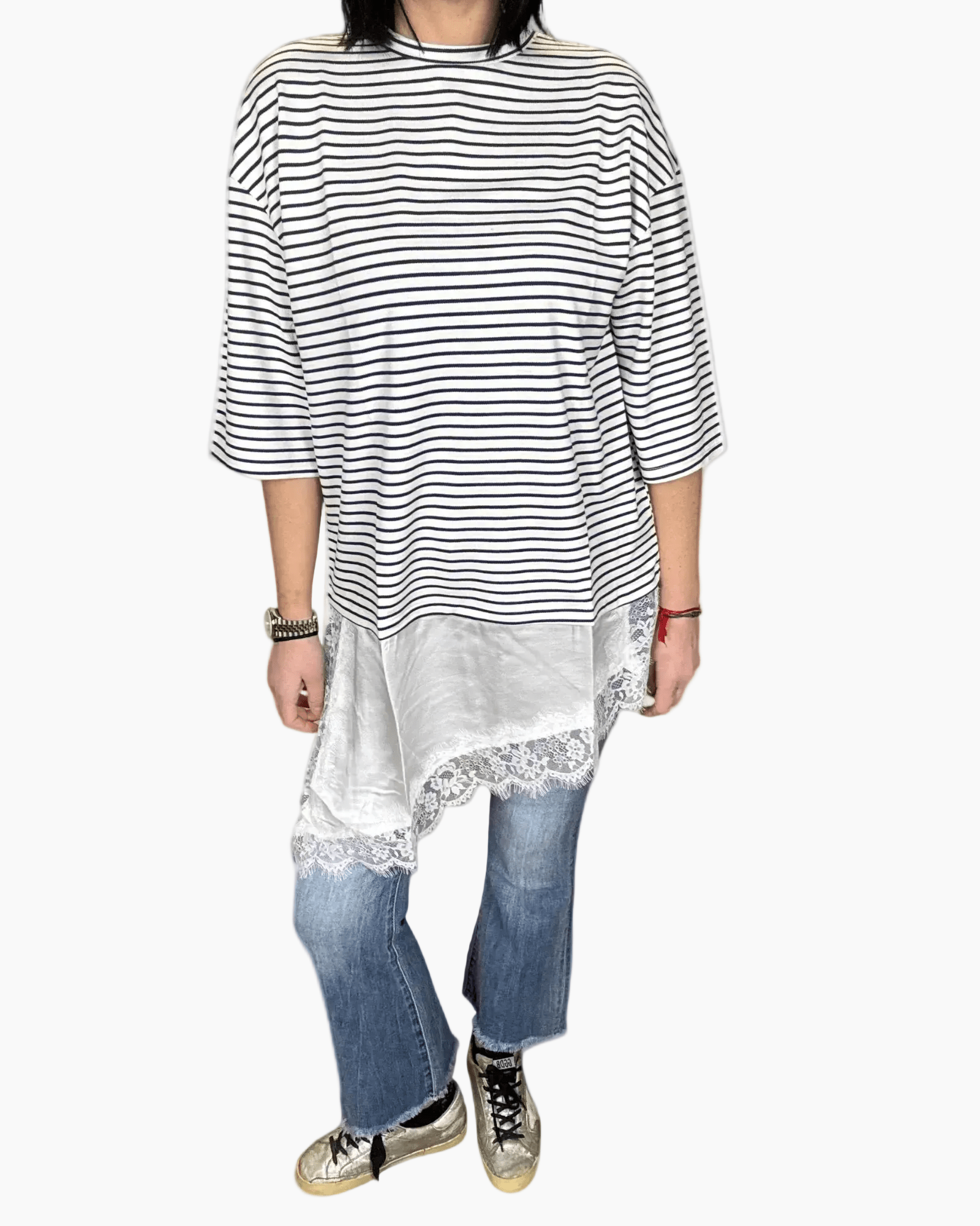 MAGLIETTA A RIGHE CON INSERTO IN RASO E PIZZO SUSY MIX - XE BLU ABBIGLIAMENTO