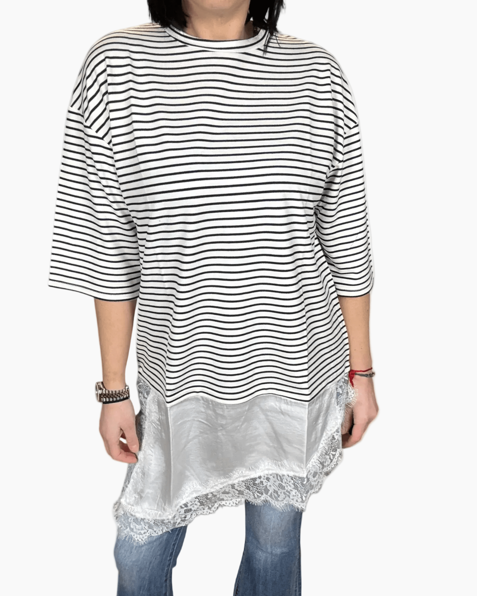 MAGLIETTA A RIGHE CON INSERTO IN RASO E PIZZO SUSY MIX - XE BLU ABBIGLIAMENTO