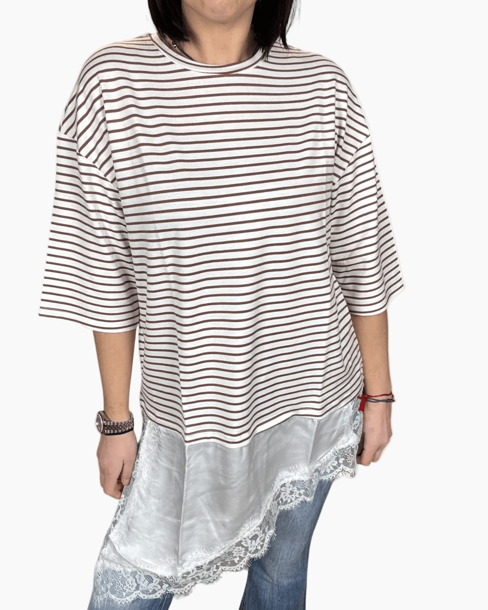 MAGLIETTA A RIGHE CON INSERTO IN RASO E PIZZO SUSY MIX - XE BLU ABBIGLIAMENTO