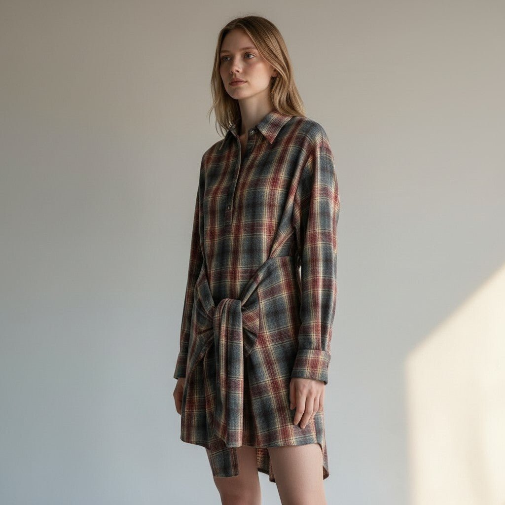 ABITO CORTO CHECK CON MANICA ALLACCIATA HAVEONE - XE BLU Abbigliamento Donna